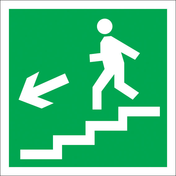 картинка Знак E14 Направление к эвакуационному выходу по лестнице вниз левосторонний. 200x200 мм. фотолюминесцентный. пластик 2 мм  в интернет-магазине Всезнаки.рф в Санкт-Петербурге